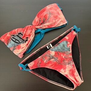 Crash‎ & Burn Bandeau Swim Bikini Set Women's Red Graphic Print Embroidered